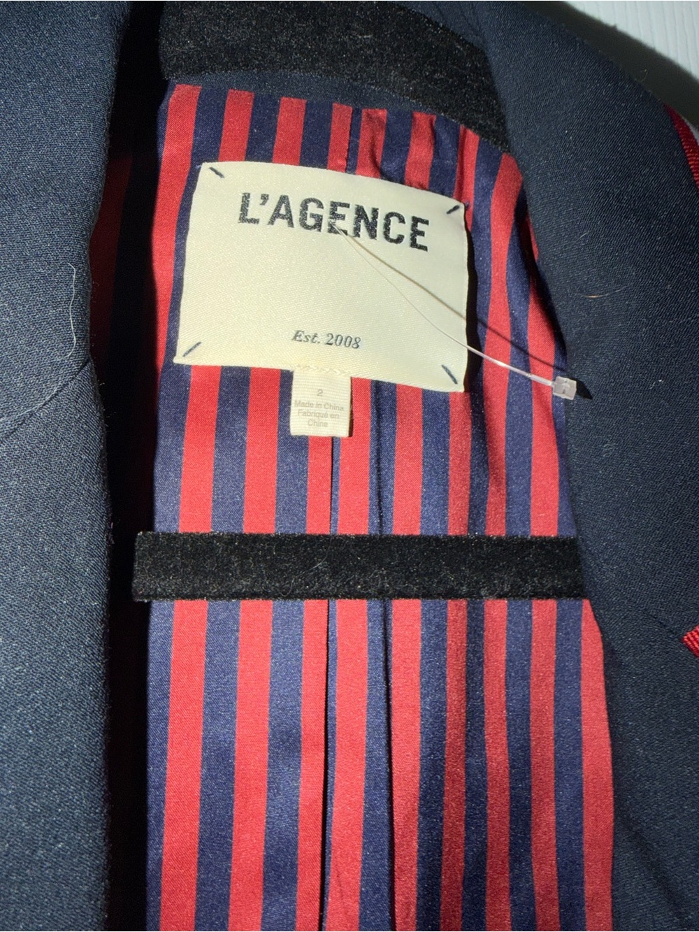 L'AGENCE Navy Blazer with Red & Blue Striped Lining